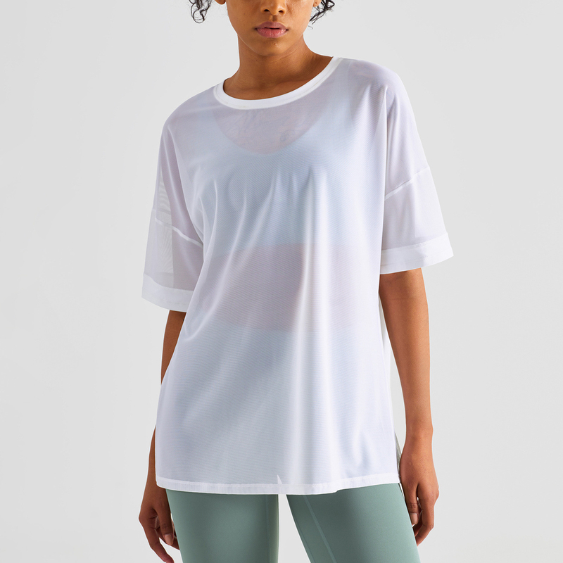 Double Sided Brocade Mesh Stitching Casual Sports Top Fitness Women'S Short Sleeve T - Shirt